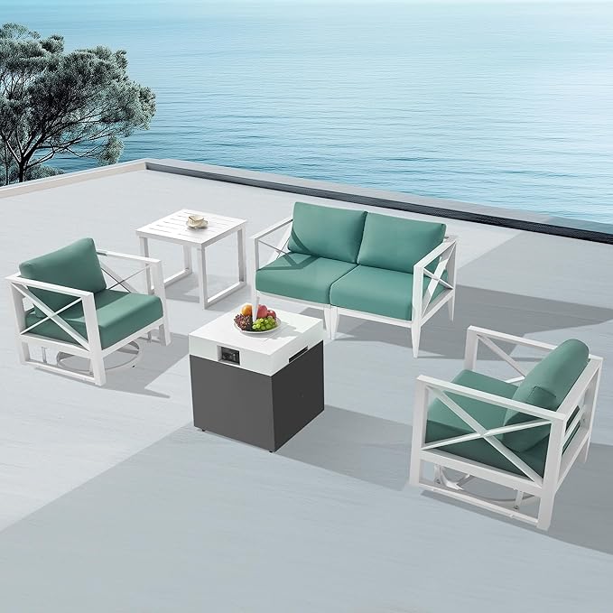 MBY 4-Seat Aluminum Patio Furniture Set with Fire Pit – Outdoor Conversation Set with 2 Swivel Rocking Chairs & 37,000 BTU Propane Table, All-Weather for Balcony & Garden – White