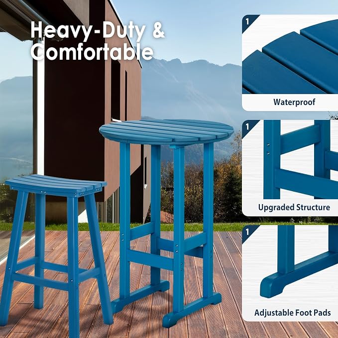 nalone Outdoor Bar Table and Chairs Set, HDPE Bar Table with Bar Stools Set of 2, Patio Table Pub Height Dining Table for Deck, Porch, Backyard, Garden