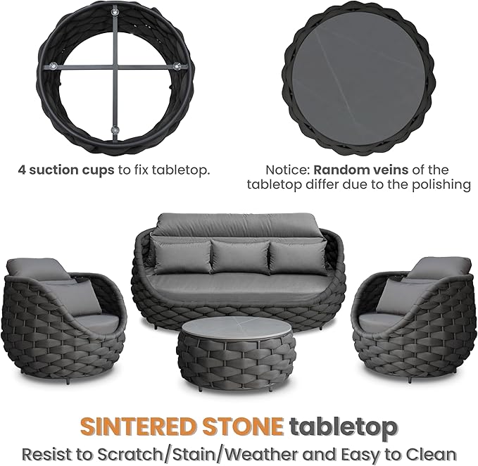 Rope Patio Furniture Set: 4 Pieces Aluminum Outdoor Couch Set Cushioned - Assembled Porch Conversation Sofa Set Modern - Metal Patio Seating for 5 Person Deck Garden Poolside Hotel, Dark Gray