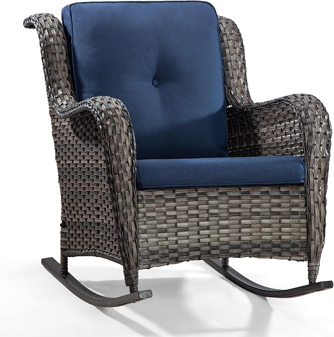 Outdoor Wicker Patio Rocking Chair - All-Weather Lawn Rocking Wicker Furniture with Alloy Steel Frame & Olefin Fabric Cushion, Blue