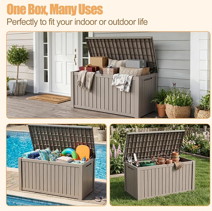230 Gallon Outdoor Storage Box, Large Resin Deck Box, Waterproof Lockable Storage Container Bins, Reinforced Stability for Patio, Garden and Poolside, Grey