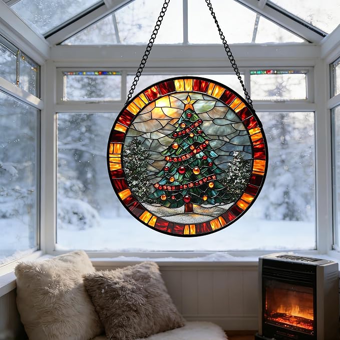 DASTOLL Stained Glass Window Hanging - Winter Christmas Tree Suncatcher Ready to Hang Window Doors Home Decoration, Christmas, Mother's Day Birthday Gifts for Women, Men, and Mom 9.8x9.8 in
