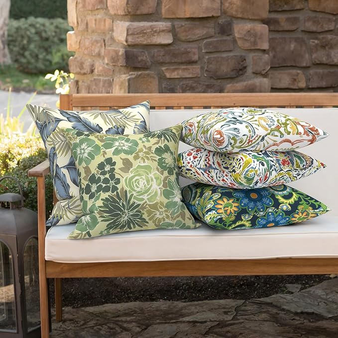 Outdoor 16x16 Inch Throw Pillow Covers Set of 2, Covers ONLY, All Weather Square Pillow Cases, Patio Cushion Pillow of Home Furniture Use, Green Rose