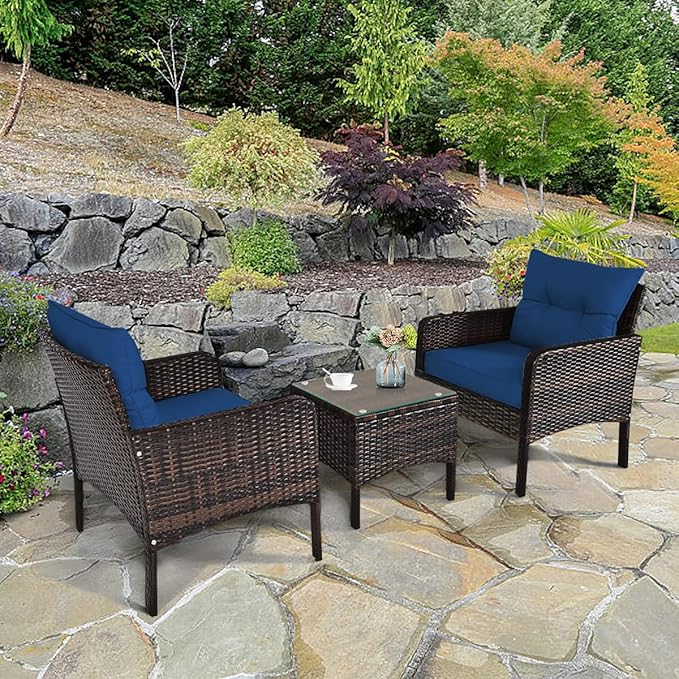 HAPPYGRILL 3 Piece Patio Conversation Set Outdoor Rattan Wicker Furniture Set with Coffee Table & Chairs Patio Bistro with Seat Cushions for Garden Balcony Backyard Poolside