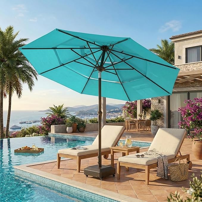 10ft Patio Umbrella, 3 Tier Outdoor Market Table Umbrellas with 8 Fiberglass Ribs and Push Button Tilt, Windproof, Vented Canopy, UV Protection for Deck, Pool, Backyard