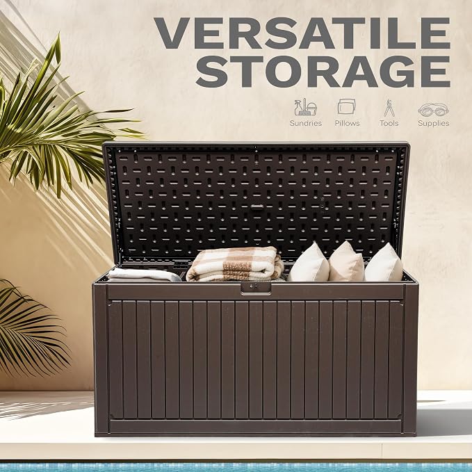 DWVO 320 Gallon Double-Wall Deck Box with Divider, XXL Extra Large Resin Outdoor Storage Box, Lockable & Waterproof, Double as Seating, 1000lbs Capacity (Brown)