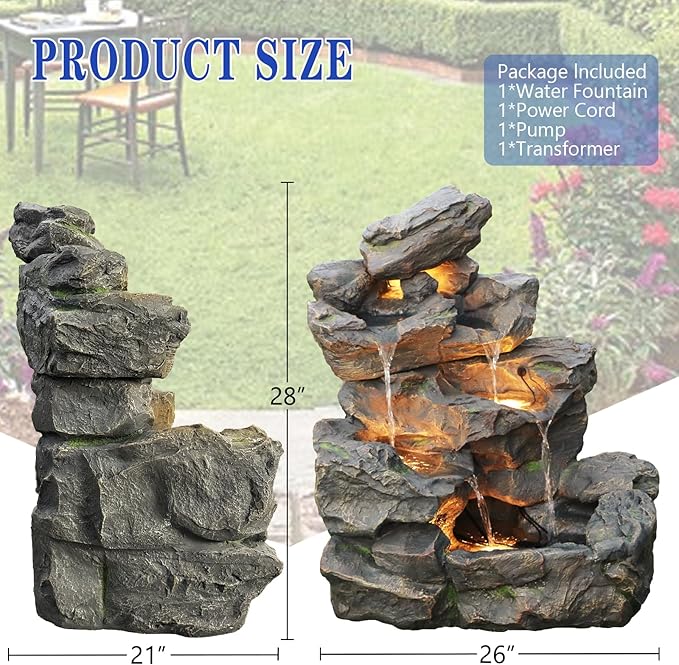5-Tier Rock Waterfall Fountain with LED Lights,Indoor Outdoor Garden Water Feature with Adjustable Flow,16.4ft Long Power Cord,Weather Resistant Resin,Easy Assembly for Patio Yard Decor