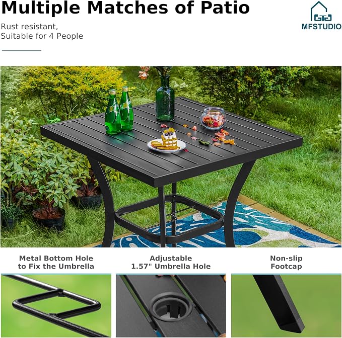 MFSTUDIO 36” Patio Counter Height Bar Table, Square Metal Outdoor Patio Table Heavy Duty, Black