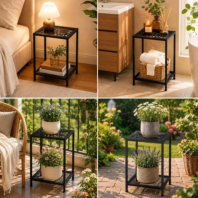 2-Tier Metal Side Table Square Small End Table with Storage Shelf Laser-Cut Leaf Pattern Accent Table Indoor Outdoor Small Space Coffee Table for Living Room, Bedroom, Patio, Plant Stand, Black