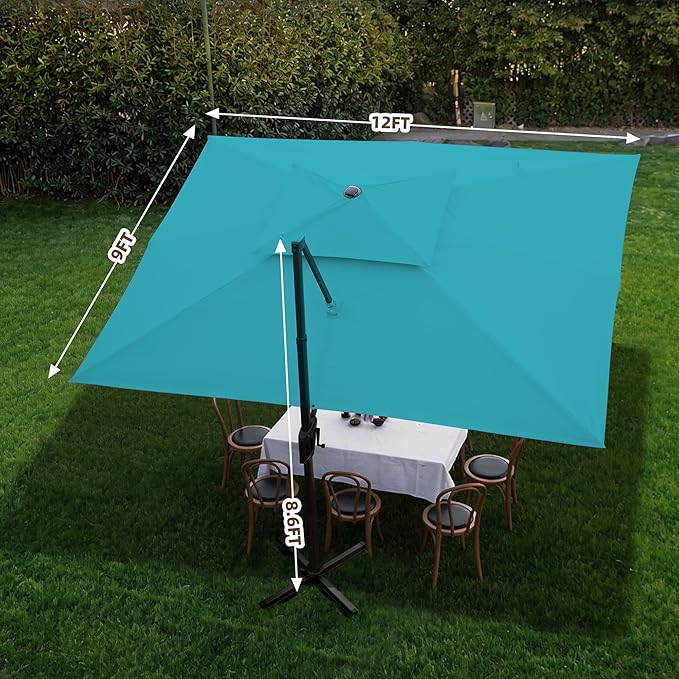 9 X 12 FT Cantilever Outdoor Patio Umbrella with LED Lights Large Heavy Duty 360° Rotation Double Top Offset Rectangular Umbrellas for Backyard Garden Pool Outside Deck, Turquoise