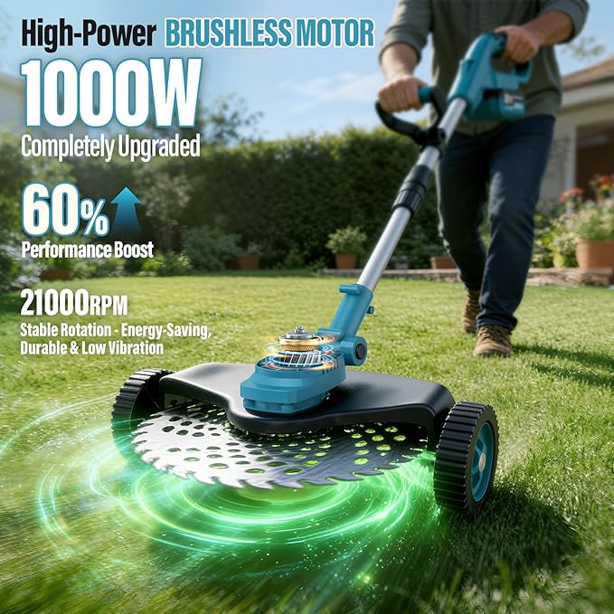 Electric String Trimmer Cordless with Wheel, 1000W Battery Powered Weed Wacker, 2x4.0Ah Batteries, Adjustable Length, 4‑in‑1 Lightweight Grass Trimmer/Brush Cutter/Weed Trimmer/Edger Tool