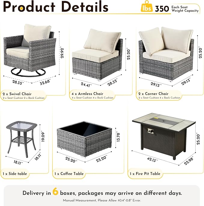Weaxty 11 Piece Patio Furniture Set with Fire Pit Table, Outdoor Sectional Couch Swivel Rocker Patio Chairs with Coffee Table Wicker Conversation Sets for Balcony Backyard, Beige