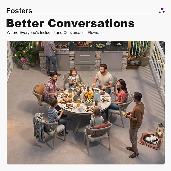 PURPLE LEAF 7 Pieces Round Dining Set Aluminum Frame and Wicker Rattan Patio Table and Chairs with Cushions for Garden Backyard Kitchen Deck Outdoor Champagne