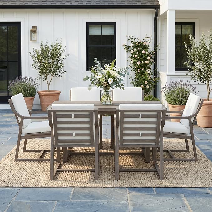 Merax 7-Piece Patio Dining Set, Acacia Wood Rectangular Dining Table and Chairs Set with Cushions, Outdoor Furniture Set for Backyard, Garden, Poolside,Brown