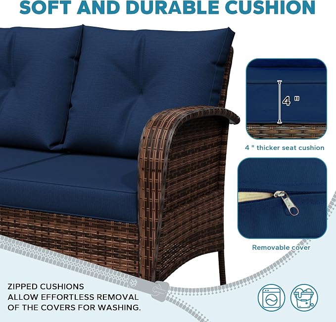 7 Pieces Patio Set, 73" PE Rattan Sofa, Coffee Table, Wicker Swivel Glider Chairs, Outdoor Conversation Furniture with Removble Cushion, Loveseat Couch for Porch, Sunroom (Navy Blue)
