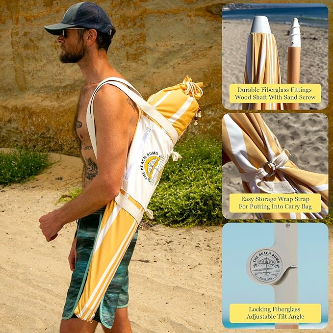 Beach Umbrella for Sand with Fringe Luxury Boho Outdoor Umbrella for Beach, Pool, or Garden, UPF 50+ Wood Shaft Fiberglass Fittings, metal screw tip Round with Carry Bag