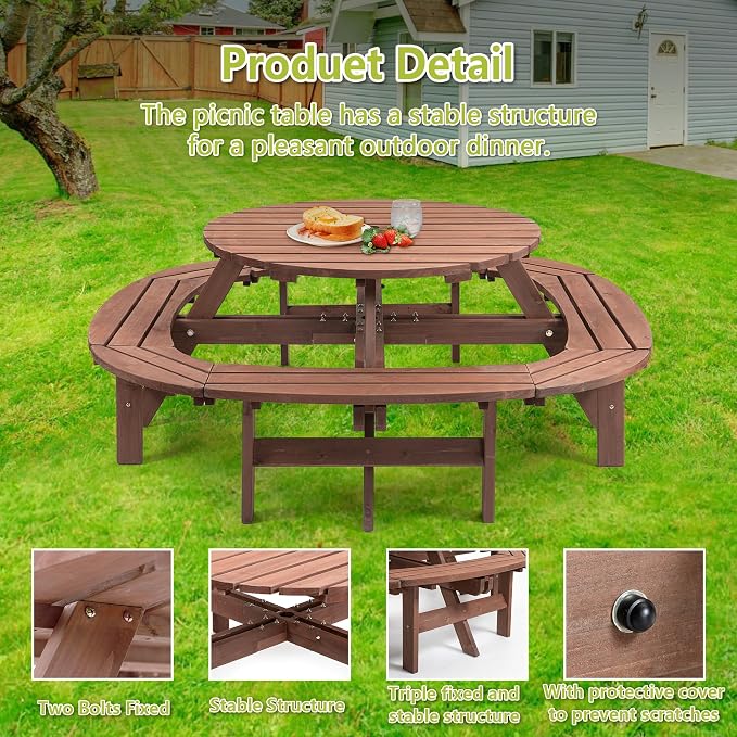 Thanaddo 12-Person Outdoor Circular Wooden Picnic Table, Camping Dining Table with Built-in Benches, Outside Table Set with Umbrella Hole for Garden Patio Backyard,Brown