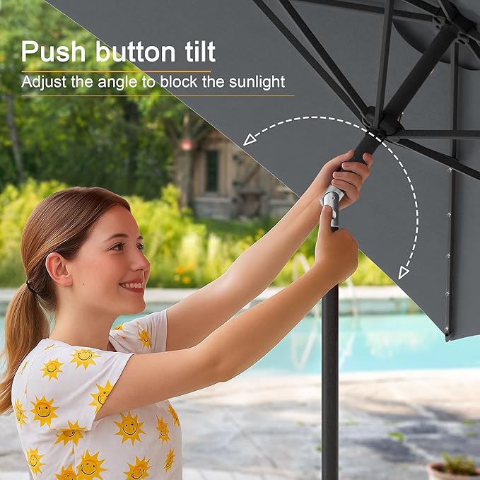 Rectangle Patio Umbrella with Solar Lights, 6x9ft Outdoor Rectangular Table Market Umbrella Patio with Push Button Tilt and Crank for Pool, Deck, Garden,Backyard