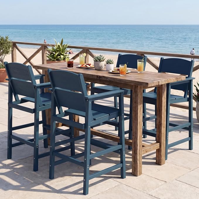 4 Pack Outdoor Bar Stools, HDPE Patio Bar Chairs with Armrests & Footrest, Weather Resistant All-Weather Counter Height Chairs for Outdoor Deck, Backyard, Poolside,Blue
