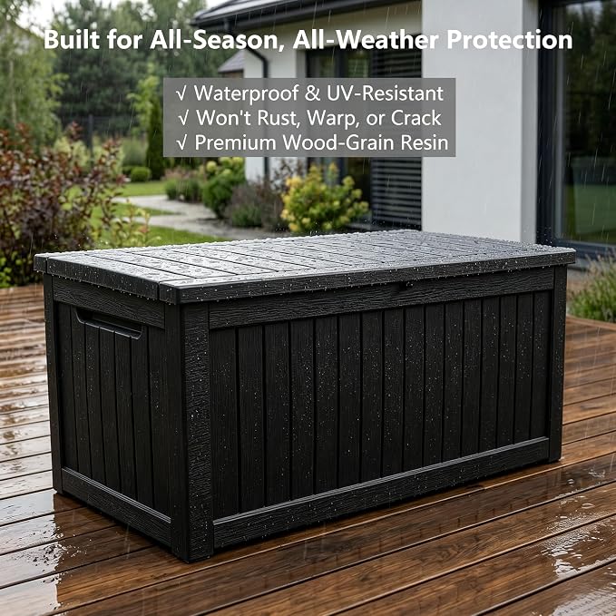 Large 258 Gallon Resin Deck Box, Heavy Duty Lockable Patio Storage Box Outdoor, Waterproof Tool Box for Garden Furniture Cushions & Pool Supplies, Wood Grain Outdoor Storage Bench for Backyard
