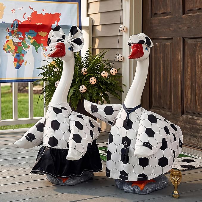 20" Large Porch Goose Statue + 2 Set Soccer Goose Outfits, Outdoor Statue, Football Match Decorations, Weather Resistant Yard Decor for World Cup Game Day Decor, Soccer Fan Gift