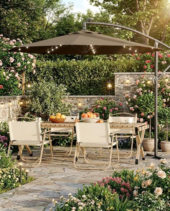 10FT Cantilever Patio Umbrella with Solar LED Lights - Heavy Duty 2-Tier Square Aluminum Offset Outdoor Umbrella, 360° Rotation for Poolside, Backyard, Deck Outdoor Use, Tan