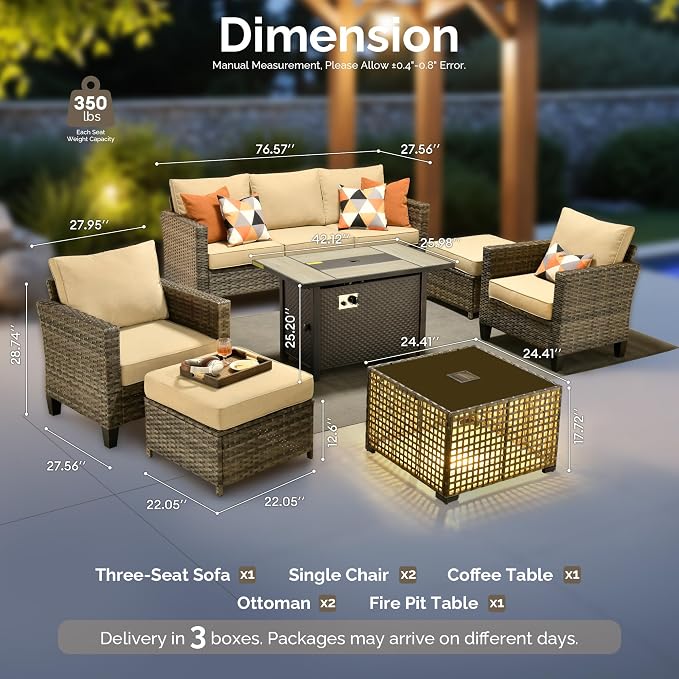 7 Piece Wicker Patio Furniture Set with Firepit Table, Beige | Outdoor Deep Seating Sofa Chair Ottoman, Firepit, Solar Lights Table, Modern Conversation Set, Porch Deck Backyard