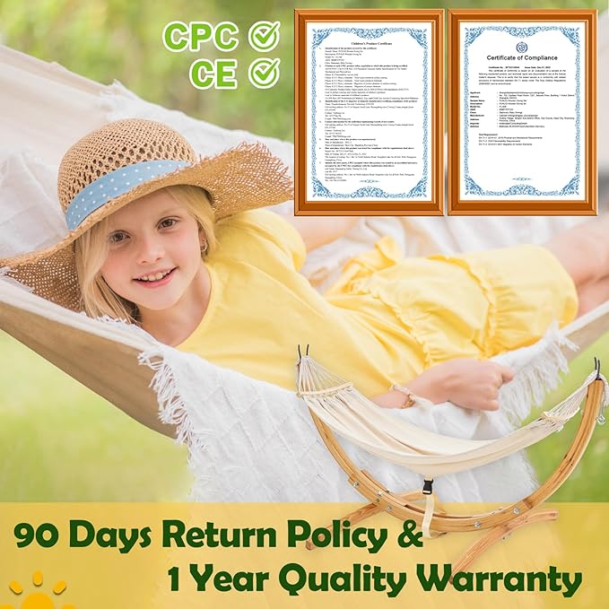 FUNLIO Wooden Hammock with Stand for Kids 3-5 Years (Height < 3.9ft/120cm), Premium Solid Wood Kids Hammock Chair Stand, Stable Structure, Wider & Longer Children Hammock, 220lbs Capacity