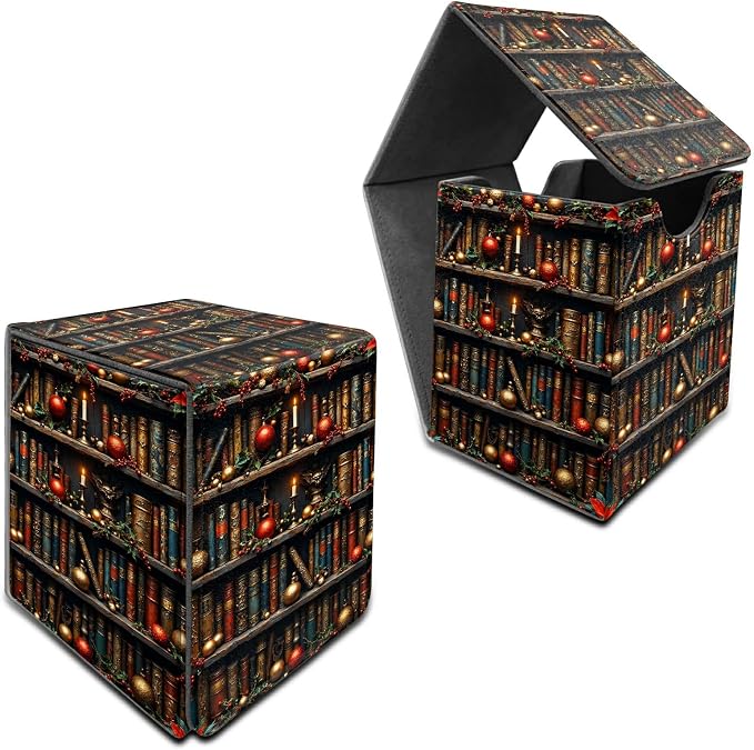 Red Library Books Card Deck Box for MTG, Personalized Card Storage Case Fits 120+ Sleeved Cards, Premium Leather TCG Box with Strong Magnetic Closure for Magic, CCG, PTCG, Baseball Cards