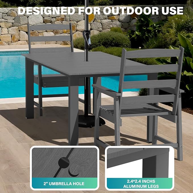 LOUNZY 9 Pieces Patio Dining Sets, 90'' Table Outdoor HDPE Furniture Set w/ 2" Hole Cut-Out Dining Table with 8 Patio Chairs for Lawn, Pool and Yard, Gray