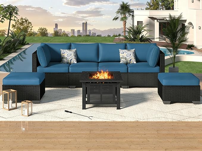 U-MAX 8 Piece Outdoor Patio Furniture Set with 30 Inch Fire Pit Table, PE Rattan Wicker Sofa Set, Outdoor Sectional Furniture Set with Cushions and Tea Table, Black Rattan and Peacock Blue Cushion
