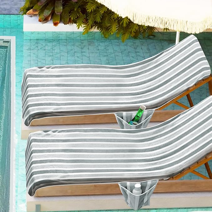 Lounge Chaise Chair Towel Cover,Pack of 2, Ultra Plush & Absorbent Micro Fleece Towel Cover for Pool,Beach,Outdoor(Garden, Courtyard)| Faster Drying, Non-Slip,2 Side Pockets | 85" x 30"-Gray