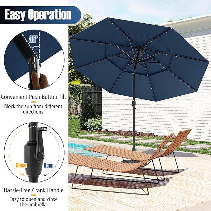 Tangkula 10 FT Solar LED Patio Umbrella, 3-Tier Vented Outdoor Market Table Umbrella with 32 LED Lights, Tilt Adjustment, Crank Handle, 8 Ribs for Backyard Pool Deck (Navy)