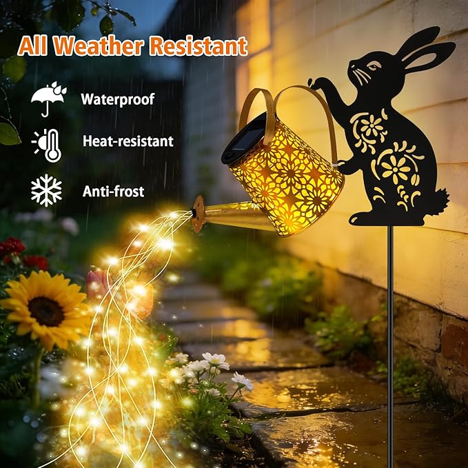 Solar Watering Can Lights, Bunny Hanging Lantern Solar Lights Outdoor, Rabbits Lover Gifts for Mom Women Birthday Mother's Day Christmas, Waterproof Garden Decor Outside Patio Yard Pathway Backyard