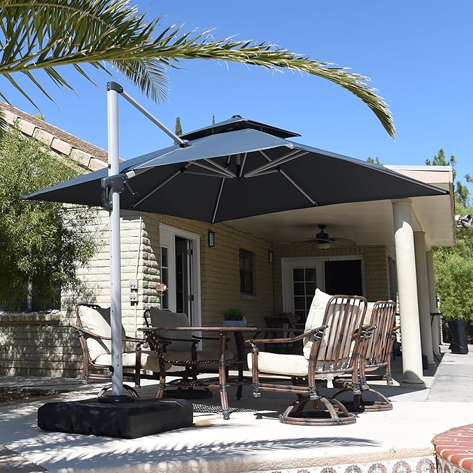 PURPLE LEAF 9 FT Cantilever Patio Umbrellas with Base Included, Large Square Offset Umbrella with 360° Rotation, Outdoor Aluminum Pool Umbrella for Pool Lawn Garden, Grey