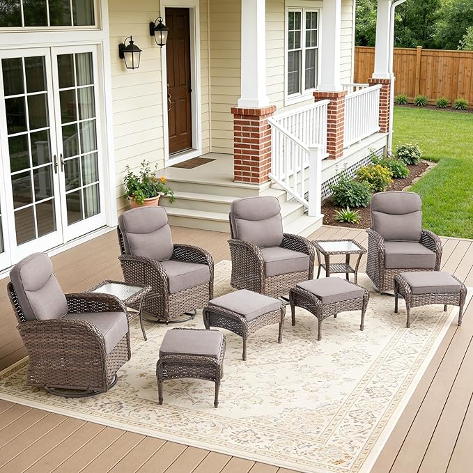10-Piece Luxury Patio Furniture Set with 6-Inch Thick Cushions, High-Back Outdoor 4 Swivel Rocking Chairs with Wicker Side Table, All-Weather Conversation Set for Porch, Deck, Yard–Gray