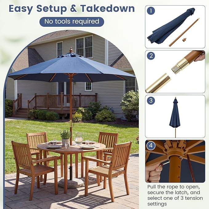 HAPPYGRILL 9 FT Patio Umbrella, Outdoor Table Market Umbrella with 8 Sturdy Bamboo Ribs, Wood Pole, Sun-Protective Double-Tier Canopy, Air Vent, Sunshade Parasol for Garden Deck Backyard Pool (Navy)
