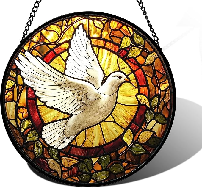 DASTOLL Stained Glass Window Hanging, Flying White Dove Sun Catchers Diamond Glass Panel Hangings Cute Birds Suncatcher Decor for Birthday for Women, Men, Wife, Aunt, and Mom 11.8 in