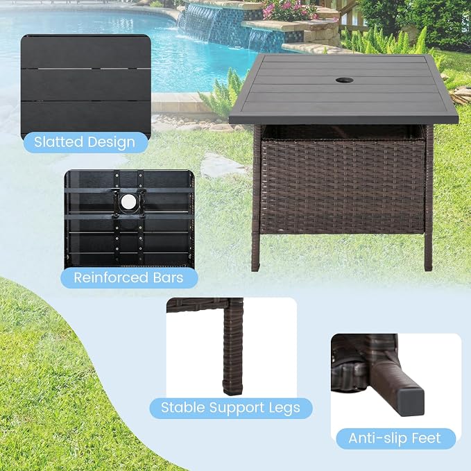 HAPPYGRILL Patio Umbrella Table Stand Rattan Outdoor Side Table with Umbrella Hole, PE Wicker Frame, for Patio Garden Deck Poolside