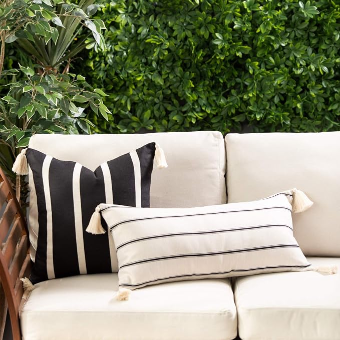 Hofdeco Modern Boho Moroccan Indoor Outdoor Long Lumbar Pillow Cover ONLY for Bed, Backyard, Couch, Sofa Neutral Beige Stripe Tassels, 12"x26"