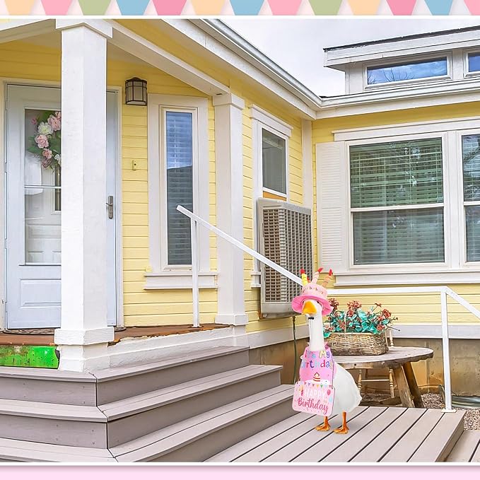 Happy Birthday Porch Goose Outfit Lawn Goose Cloth Costume for 23" Cement Plastic Patio Yard Statue Outdoor(Pink,Triangle Scarf)