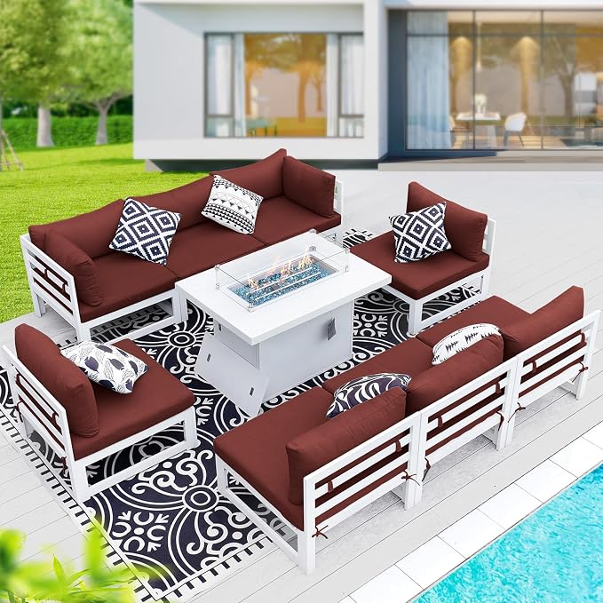 BULEXYARD 8 People Large Luxury Aluminum Patio Conversation Set with Fire Pit Table Propane/Gas, 29" Deep Wide U Shaped Sectional Couch, 500 lbs Heavy Duty All Weather Outdoor Sofa for Front Yard, Red