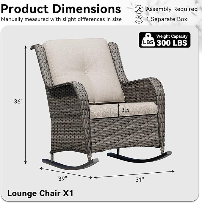 Outdoor Rocking Chair, Wicker Patio Chair with Thickened Olefin Cushions, High Back and Deep Seating, Hand-Woven PE Rattan for Porch, Deck, Balcony, Beige