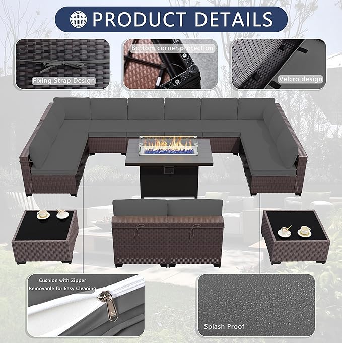 Outdoor Terrace Furniture Set, 15 Piece Outdoor Furniture Set, with 43 inch Aluminum 55000 BTU Propane fire Pit, PE Willow Vine Terrace Dialogue Set - Grey.