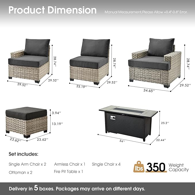Rattan Patio Furniture Set with Fire Pit,10 Pieces Outdoor Sectional with Single Chair Ottoman,Out Door Furniture Conversation Set,Black