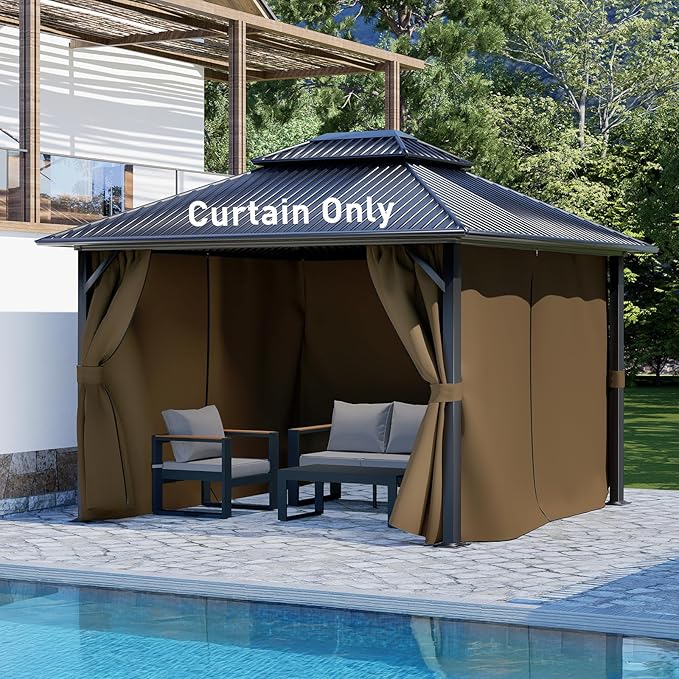 Aoodor 12x16 ft Outdoor Gazebo Curtains, 4 Panels Waterproof Privacy Sidewall Replacement with Zipper for Patio Pergola and Canopy, Brown