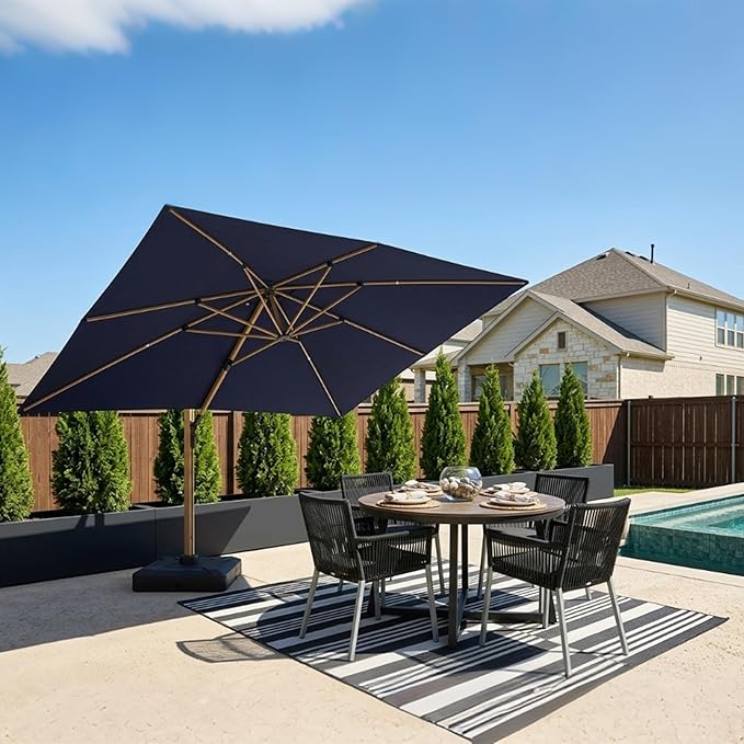 PURPLE LEAF 10‘ x 13’ Rectangle Patio Cantilever Umbrella Large Hanging Umbrella Teak Finished Aluminum Frame Windproof Offset Outdoor Sun Umbrellas for Beach Pool Deck, Navy Blue