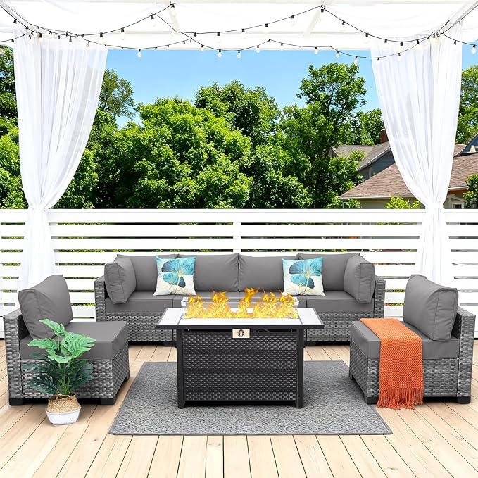 7 Pieces Wicker Patio Furniture Set Rattan Outdoor Sectional Conversation Sofa Set with Fire Pit Table Non-Slip Cushions and Furniture Cover, Light Grey