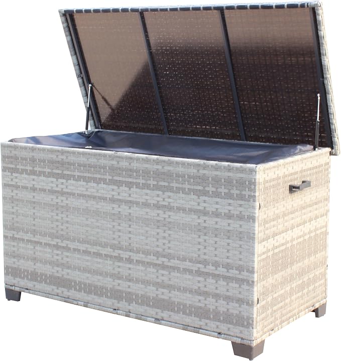 Storage Box, Wicker Patio Deck Boxes with Lid, Outdoor Cushion Storage for Pillows, Towel Grey Wicker,Deck Box and Patio Furniture Set for Garden, Pool, and Patio