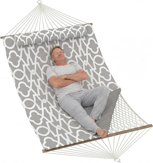 Takywep 2 Person Hammock with Polyester-Cotton Pad, 12FT Double Hammock with Wooden Spreader Bar, Removable Pillow, 450LBS Capacity, 2-in-1 Outdoor Hammock for Patio, Garden, Beach (No Stand)